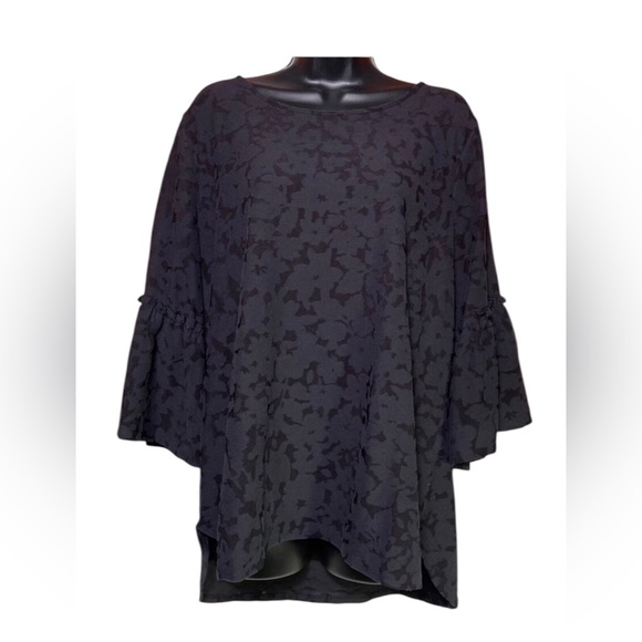 Apt 9 Women Black Blouse Top Size XL Bell 3/4 Sleeve Floral Stretch - Picture 2 of 11